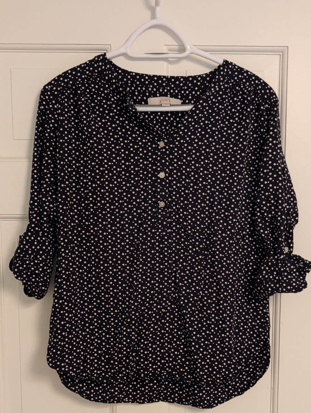 LOFT Navy and White Polka Dot Henley Blouse